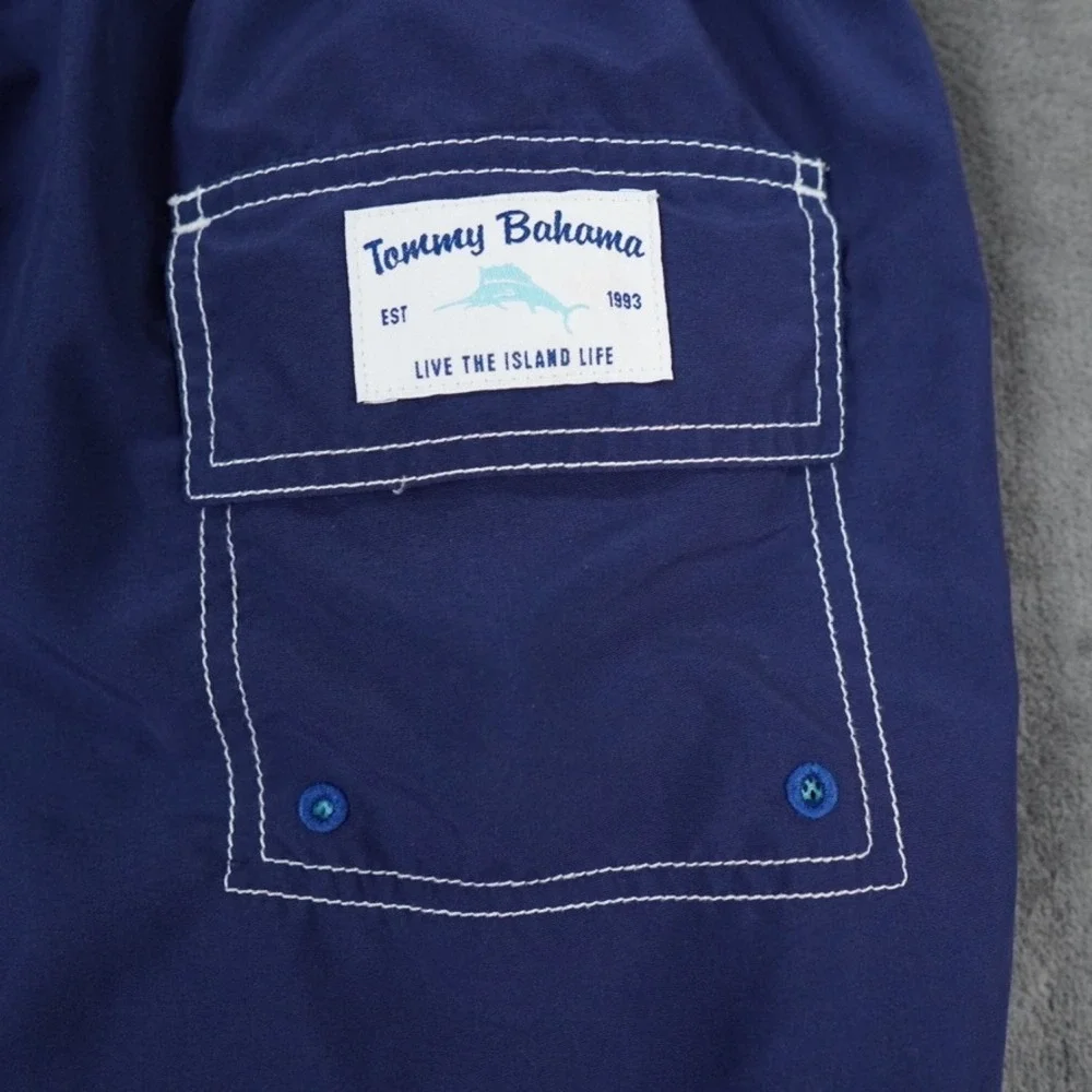 Tommy Bahama Board Shorts Mens L Navy Blue Regular Logo Cargo‎ Pocket Beach Swim